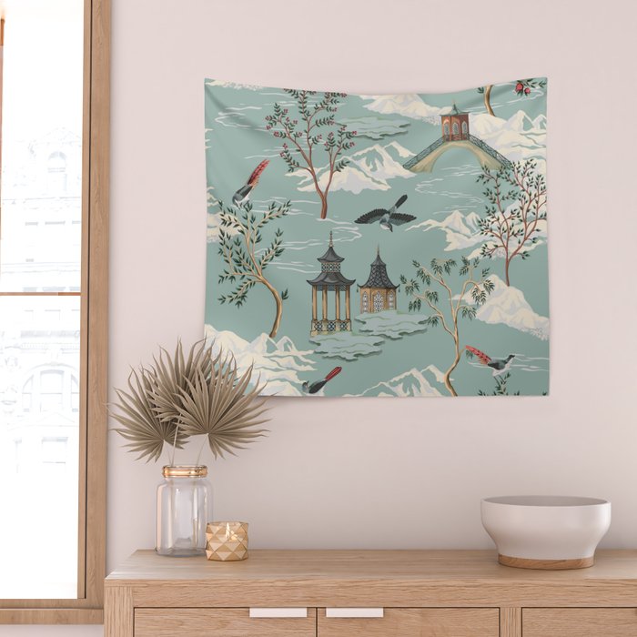 Vintage Chinoiserie Pastel Pagoda Bridge Garden Landscape Wall Tapestry Gallery Image 2