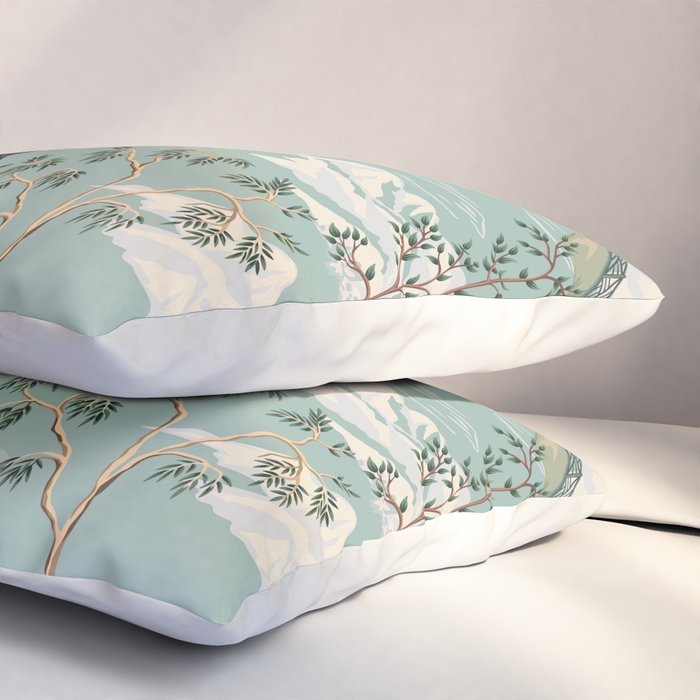 Vintage Chinoiserie Pastel Pagoda Bridge Garden Landscape Pillow Sham Gallery Image 3