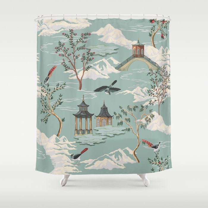 Vintage Chinoiserie Pastel Pagoda Bridge Garden Landscape Shower Curtain Gallery Image 1