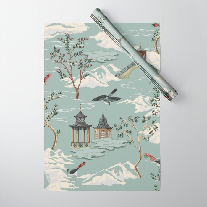 Vintage Chinoiserie Pastel Pagoda Bridge Garden Landscape Wrapping Paper Gallery Image 1