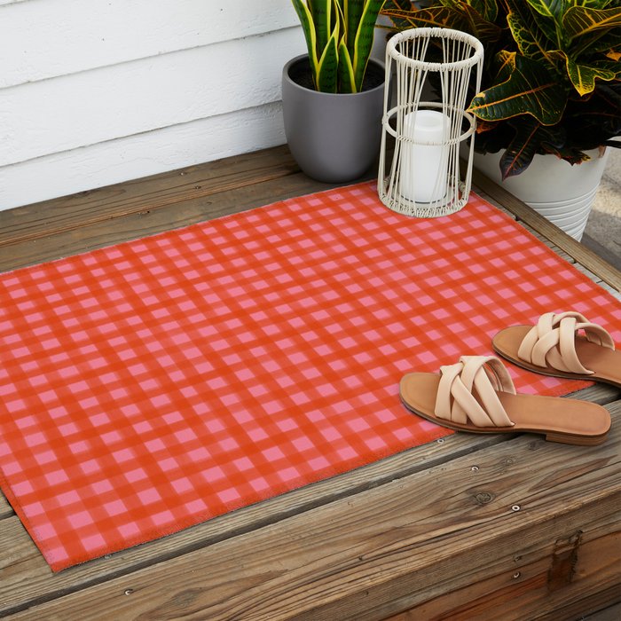 Watercolor Gingham - pink and tomato Outdoor Rug Gallery Image 2