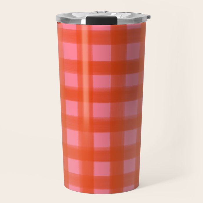 Watercolor Gingham - pink and tomato Travel Mug Gallery Image 1