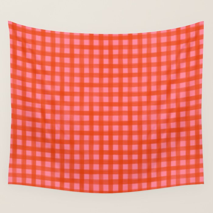 Watercolor Gingham - pink and tomato Wall Tapestry Gallery Image 4