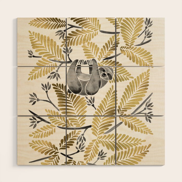 Happy Sloth - Tropical Gold Leaves Wood Wall Art Gallery Image 1