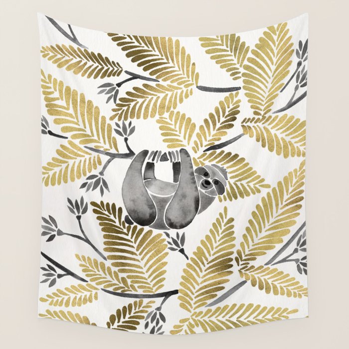 Happy Sloth - Tropical Gold Leaves Wall Tapestry Gallery Image 4
