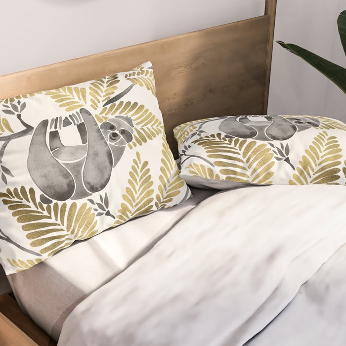 Happy Sloth - Tropical Gold Leaves Pillow Sham Gallery Image 2