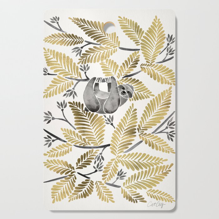 Happy Sloth - Tropical Gold Leaves Cutting Board Gallery Image 1