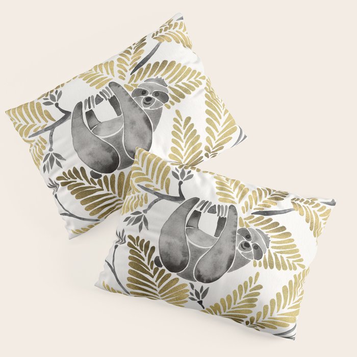 Happy Sloth - Tropical Gold Leaves Pillow Sham Gallery Image 1