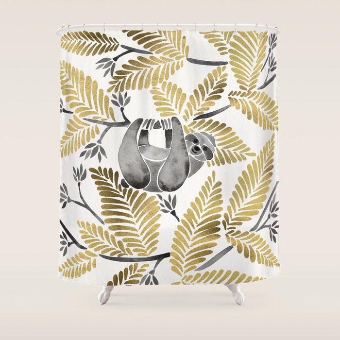 Happy Sloth - Tropical Gold Leaves Shower Curtain Gallery Image 1