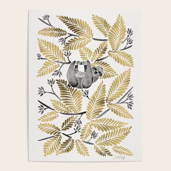 Happy Sloth - Tropical Gold Leaves Poster Gallery Image 1