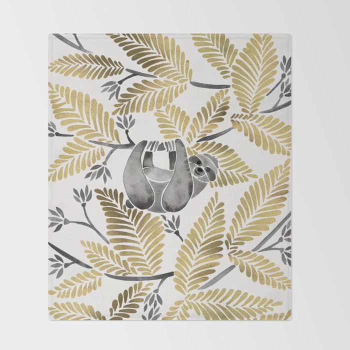Happy Sloth - Tropical Gold Leaves Throw Blanket Gallery Image 2