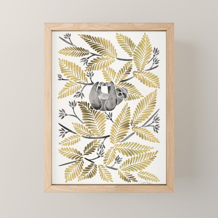 Happy Sloth - Tropical Gold Leaves Mini Art Print Gallery Image 1