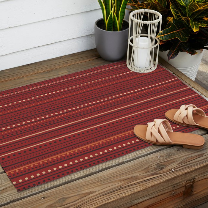 Bamako Textured Stripes and Dots Pattern Maroon Rust Black Orange Outdoor Rug Gallery Image 2