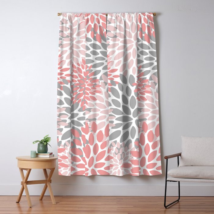 Floral Pattern, Coral Pink and Gray Window Curtain Gallery Image 1