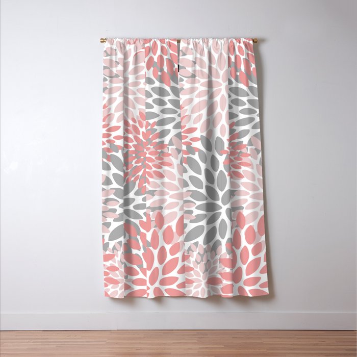 Floral Pattern, Coral Pink and Gray Window Curtain Gallery Image 3