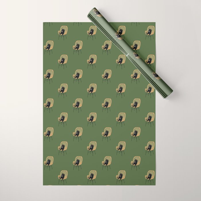 Lazy cat 2b Green enjoy coffee on rattan chair  Wrapping Paper Gallery Image 1