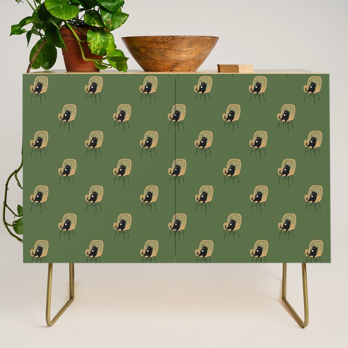 Lazy cat 2b Green enjoy coffee on rattan chair  Credenza Gallery Image 1