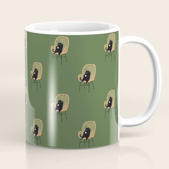 Lazy cat 2b Green enjoy coffee on rattan chair  Coffee Mug Gallery Image 1