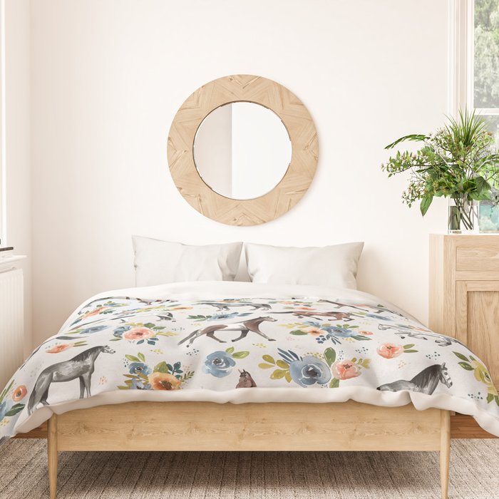 Horses and Flowers Pattern, Floral Horses, Hand-Painted, Horse Love, Watercolor, For Girls Duvet Cover Gallery Image 3
