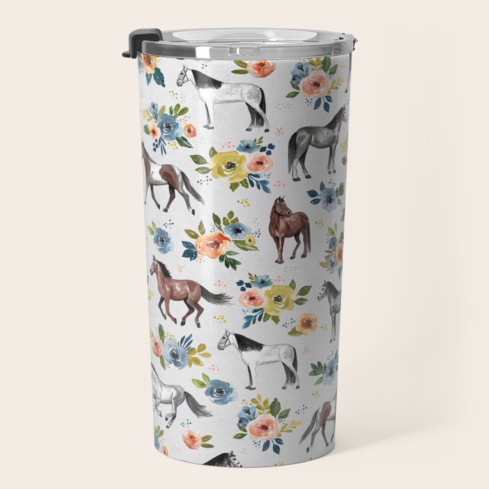 Horses and Flowers Pattern, Floral Horses, Hand-Painted, Horse Love, Watercolor, For Girls Travel Mug Gallery Image 3
