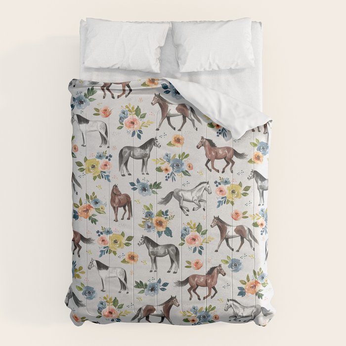 Horses and Flowers Pattern, Floral Horses, Hand-Painted, Horse Love, Watercolor, For Girls Comforter Gallery Image 6