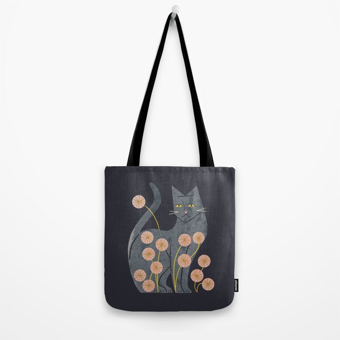 Gray Cat And Flowers Tote Bag Gallery Image 2