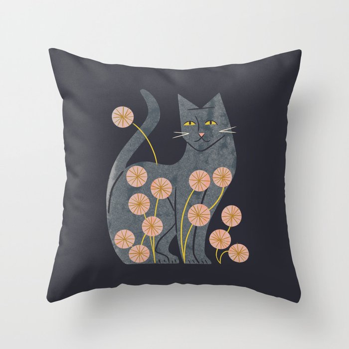 Gray Cat And Flowers Throw Pillow Gallery Image 6