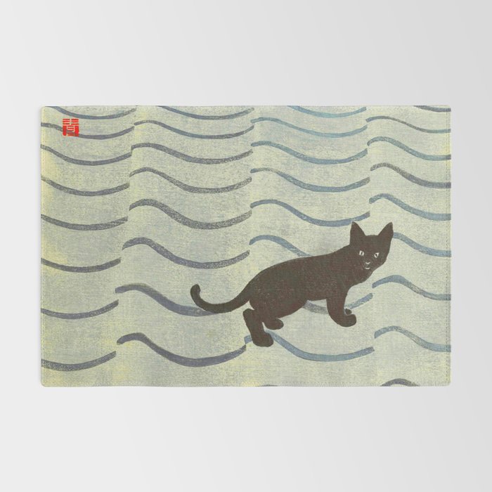 Aoyama Masaharu Japanese Woodblock Print Black Cat On Water Vintage traditional Art Rug Gallery Image 2