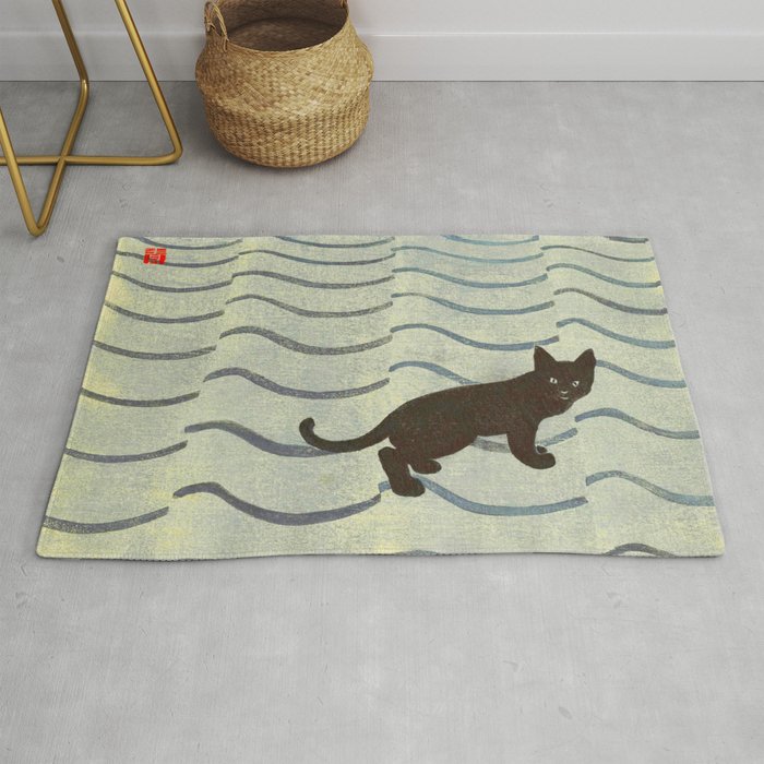 Aoyama Masaharu Japanese Woodblock Print Black Cat On Water Vintage traditional Art Rug Gallery Image 1
