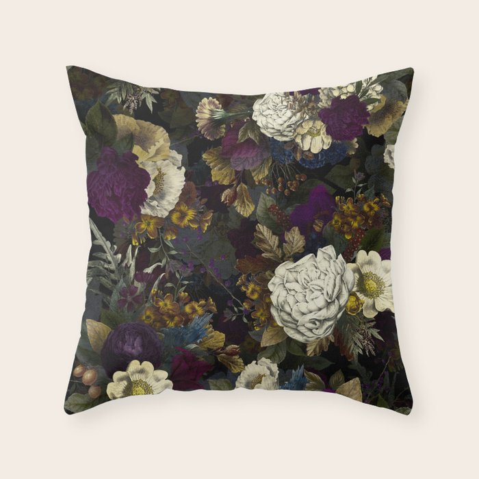 Dutch Vintage Midnight Flower Garden  Throw Pillow Gallery Image 1