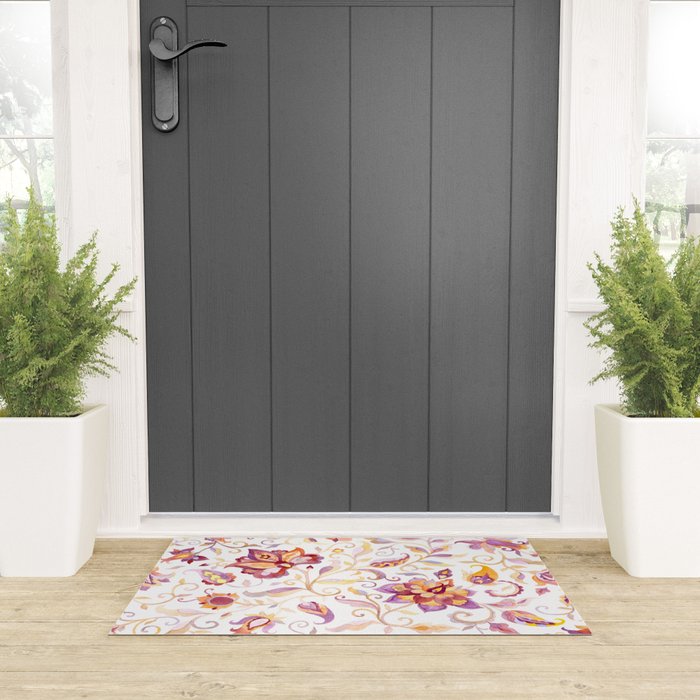 Exotic Oriental Chintz Peach Pink Floral Pattern Welcome Mat Gallery Image 3