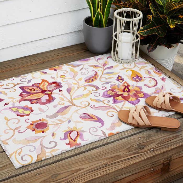 Exotic Oriental Chintz Peach Pink Floral Pattern Outdoor Rug Gallery Image 2