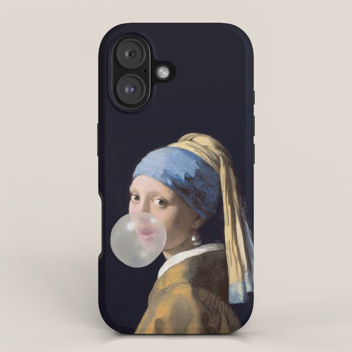 Girl with pearl earring blowing bubble gum iPhone Case Gallery Image 1