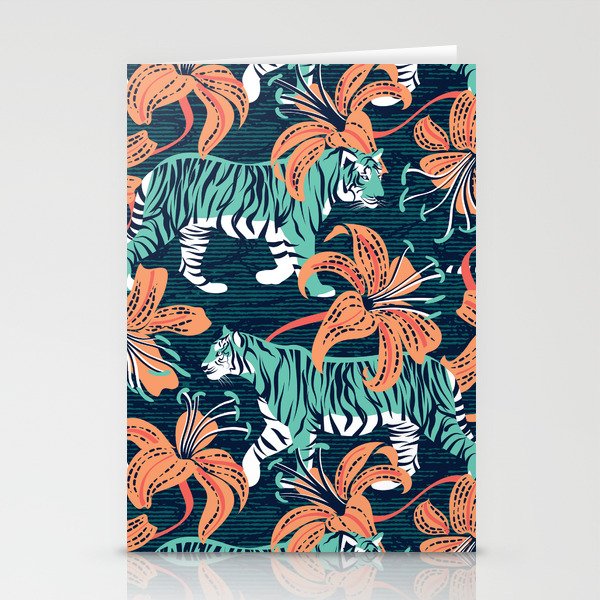Tigers in a tiger lily garden // textured navy blue background spearmint green wild animals papaya orange flowers Stationery Card Gallery Image 2