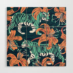Tigers in a tiger lily garden // textured navy blue background spearmint green wild animals papaya orange flowers Wood Wall Art Gallery Image 1