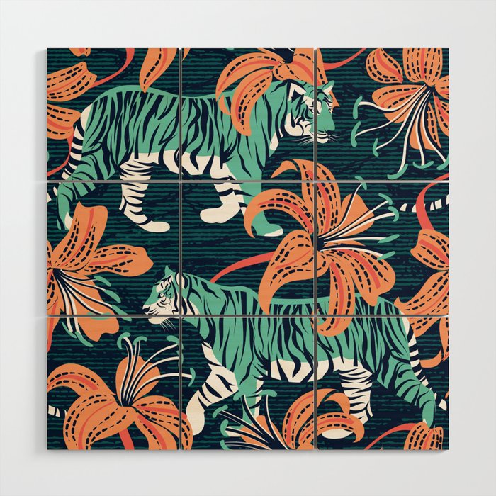 Tigers in a tiger lily garden // textured navy blue background spearmint green wild animals papaya orange flowers Wood Wall Art Gallery Image 1
