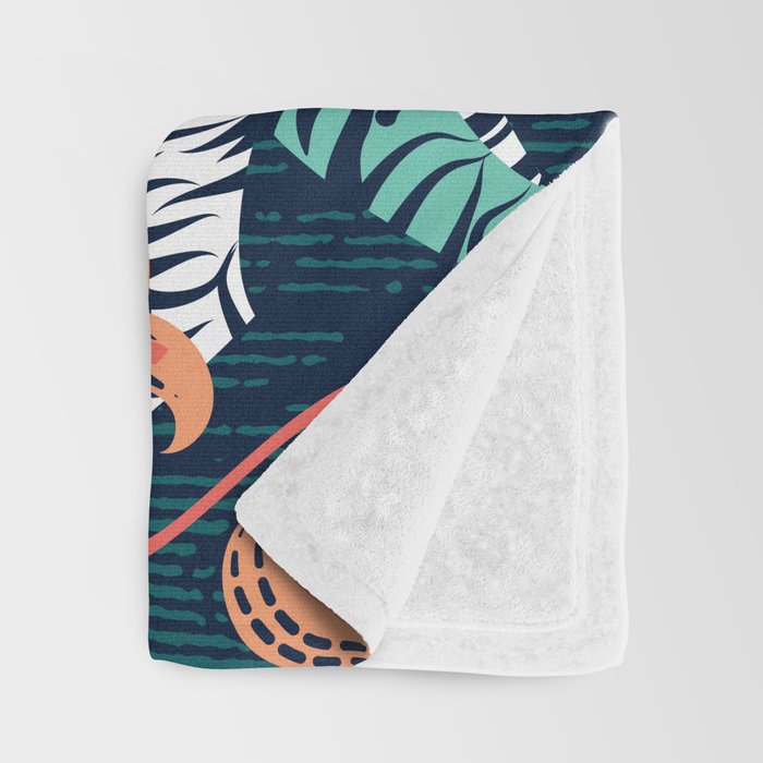 Tigers in a tiger lily garden // textured navy blue background spearmint green wild animals papaya orange flowers Throw Blanket Gallery Image 3