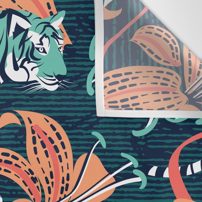 Tigers in a tiger lily garden // textured navy blue background spearmint green wild animals papaya orange flowers Wall Tapestry Gallery Image 3
