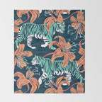 Tigers in a tiger lily garden // textured navy blue background spearmint green wild animals papaya orange flowers Throw Blanket Gallery Image 2