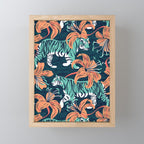 Tigers in a tiger lily garden // textured navy blue background spearmint green wild animals papaya orange flowers Mini Art Print Gallery Image 1