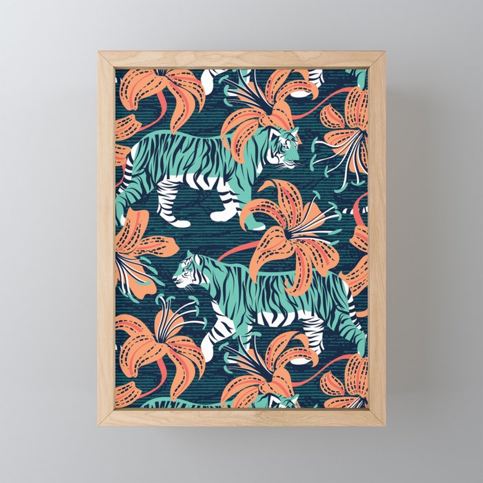Tigers in a tiger lily garden // textured navy blue background spearmint green wild animals papaya orange flowers Mini Art Print Gallery Image 1