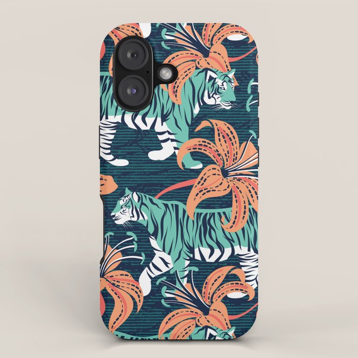 Tigers in a tiger lily garden // textured navy blue background spearmint green wild animals papaya orange flowers iPhone Case Gallery Image 1