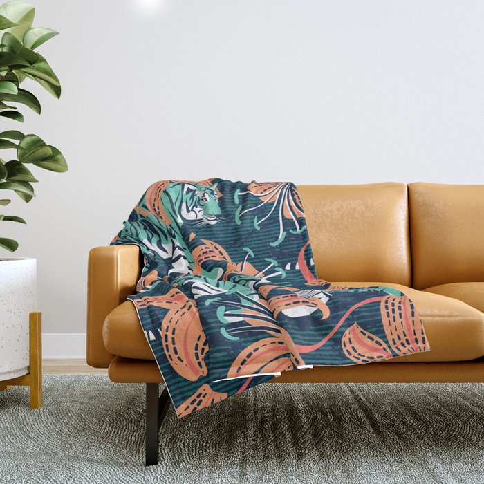 Tigers in a tiger lily garden // textured navy blue background spearmint green wild animals papaya orange flowers Throw Blanket Gallery Image 1