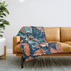 Tigers in a tiger lily garden // textured navy blue background spearmint green wild animals papaya orange flowers Throw Blanket Gallery Image 1