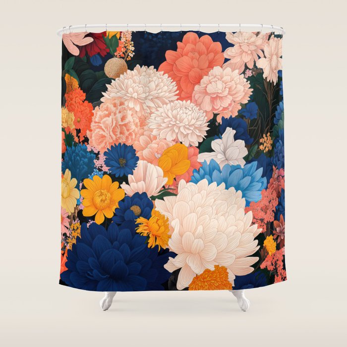 Japanese Painting Maximalist Botanical Wall Art Floral Poster Dopamine Decor Flower gift for her Shower Curtain Gallery Image 1