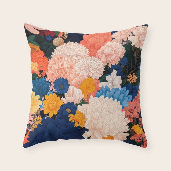 Japanese Painting Maximalist Botanical Wall Art Floral Poster Dopamine Decor Flower gift for her Throw Pillow Gallery Image 1