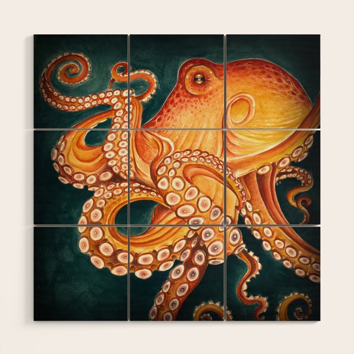 Orange Yellow Octopus in Dark Teal Ocean Watercolor Wood Wall Art Gallery Image 1