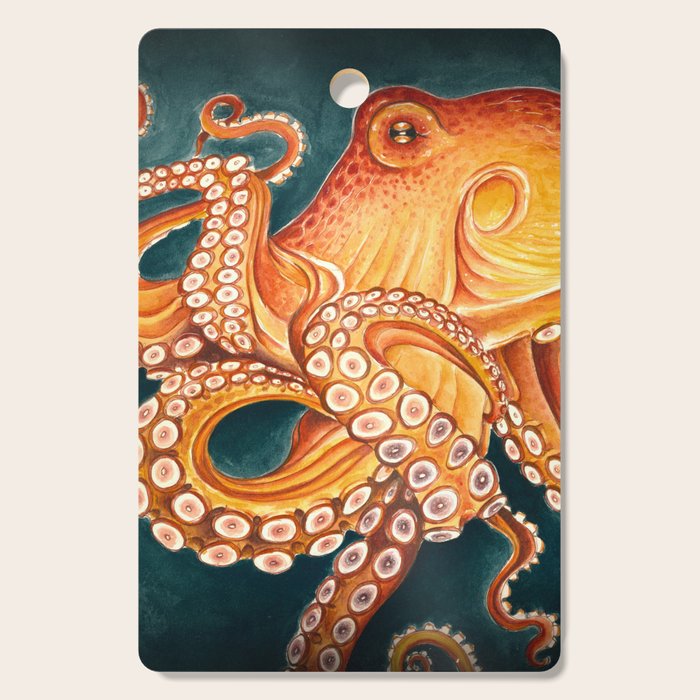 Orange Yellow Octopus in Dark Teal Ocean Watercolor Cutting Board Gallery Image 1