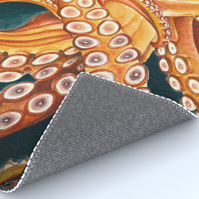 Orange Yellow Octopus in Dark Teal Ocean Watercolor Rug Gallery Image 4
