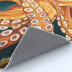 Orange Yellow Octopus in Dark Teal Ocean Watercolor Rug Gallery Image 4